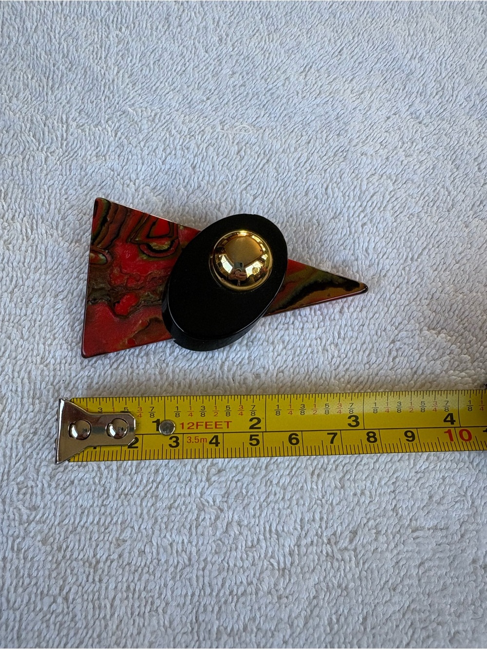 Art Deco MCM Simon Chang Geometric Abstract Acrylic Brooch Red Marble Gold - Picture 7 of 8